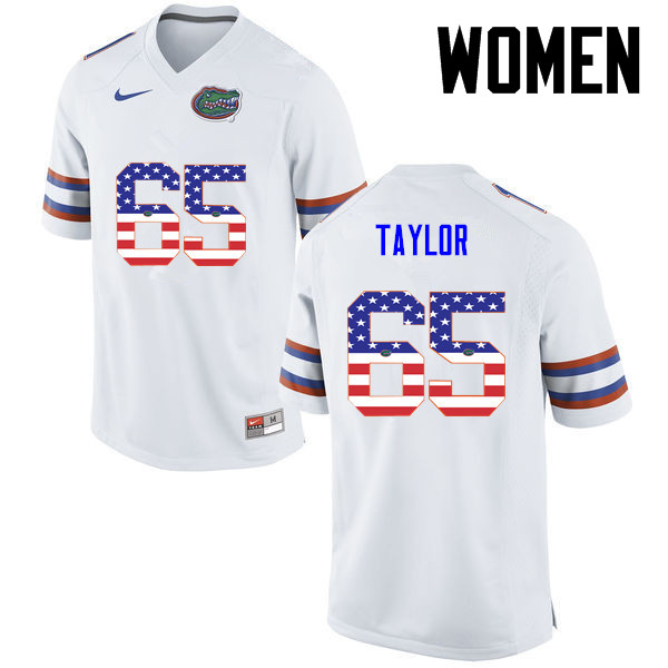 Women Florida Gators #65 Jawaan Taylor College Football USA Flag Fashion Jerseys-White - Click Image to Close